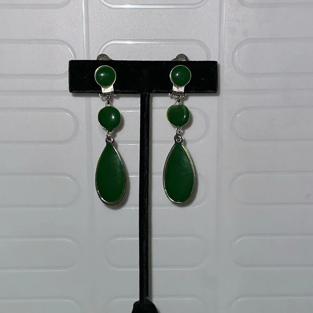 Green Clip-On Earrings Faux Silver Tone Costume Jewelry Non Pierced